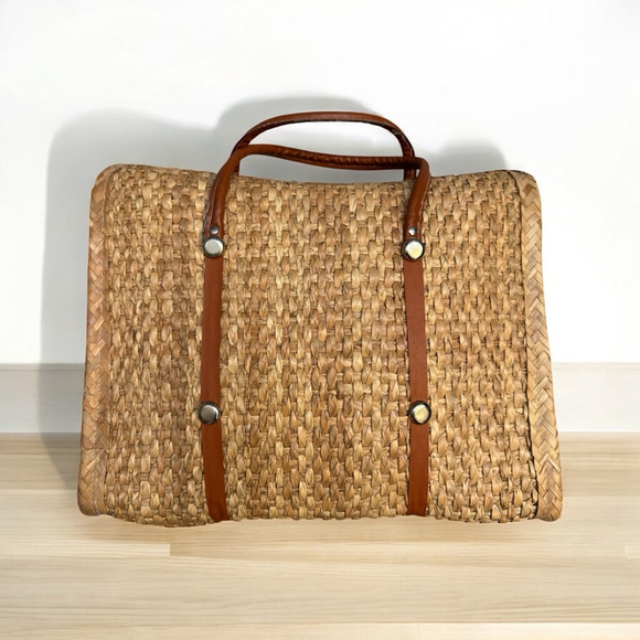 Women's Vintage 1970s Woven Straw Embroidered Tote Bag - Picture 2 of 6